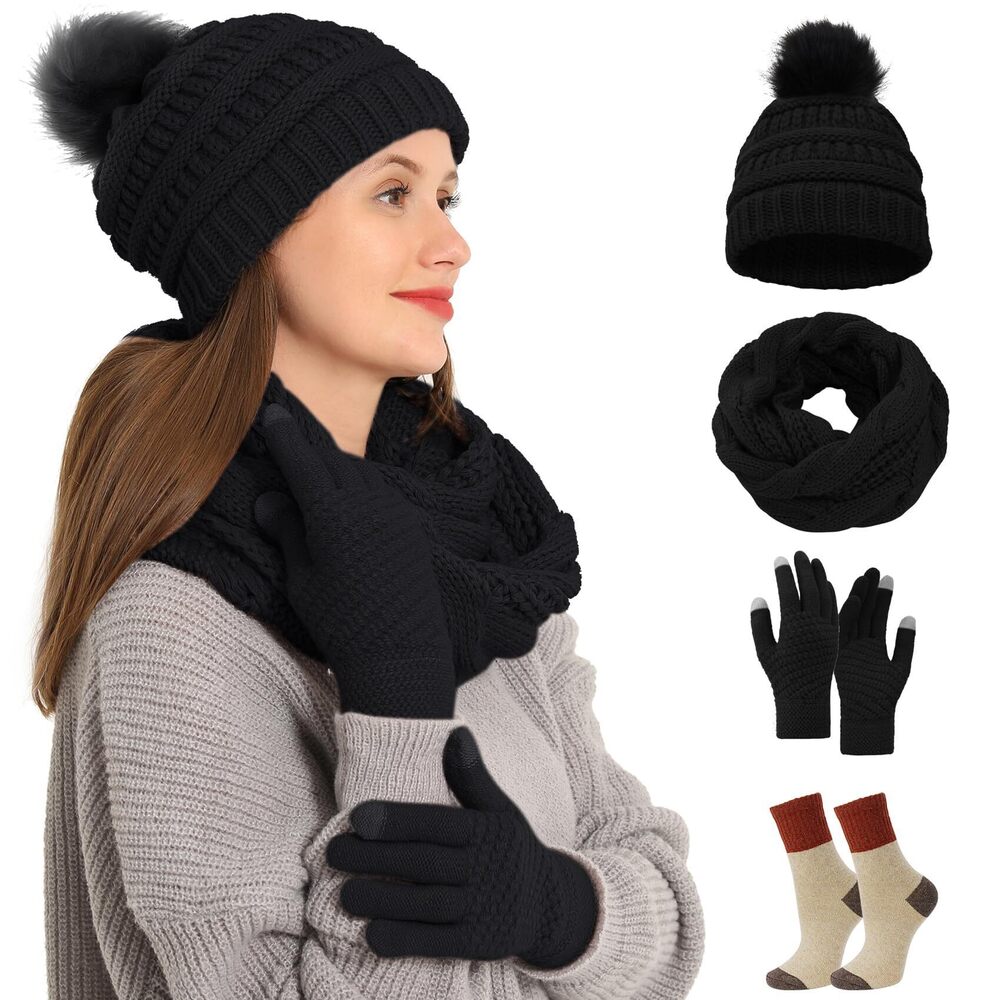 1912 4pcs Winter Beanie Hat Scarf Touch Screen Gloves and Warm Knit Wool